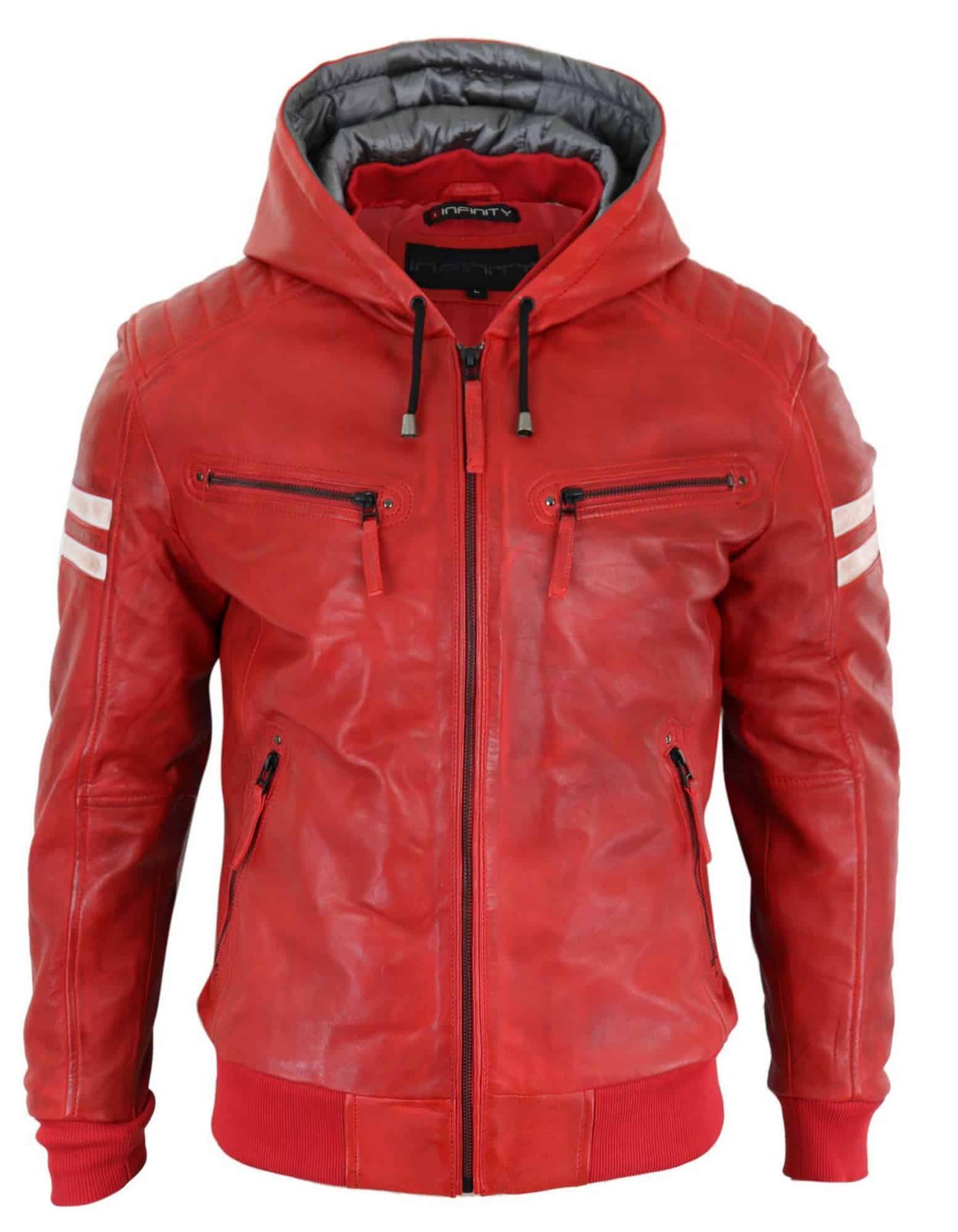 Jaqueta Bomber Masculina de Couro Legítimo com Capuz - Vermelha