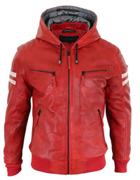 Jaqueta Bomber Masculina de Couro Legítimo com Capuz - Vermelha
