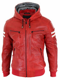 Jaqueta Bomber Masculina de Couro Legítimo com Capuz - Vermelha