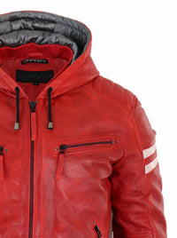 Jaqueta Bomber Masculina de Couro Legítimo com Capuz - Vermelha