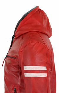 Jaqueta Bomber Masculina de Couro Legítimo com Capuz - Vermelha