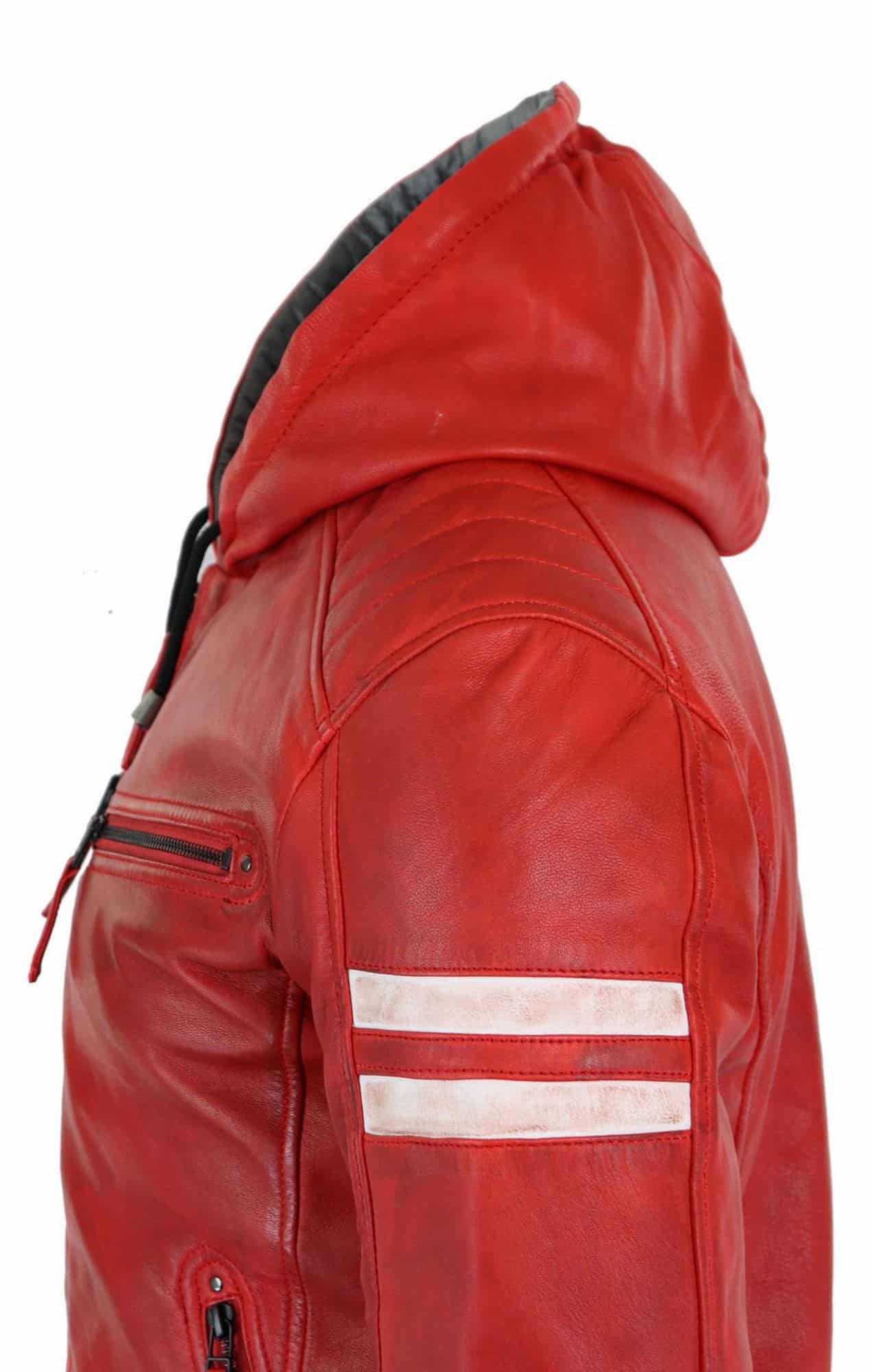 Jaqueta Bomber Masculina de Couro Legítimo com Capuz - Vermelha