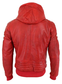 Jaqueta Bomber Masculina de Couro Legítimo com Capuz - Vermelha
