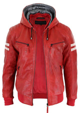 Jaqueta Bomber Masculina de Couro Legítimo com Capuz - Vermelha