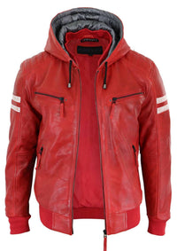 Jaqueta Bomber Masculina de Couro Legítimo com Capuz - Vermelha