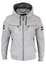 Jaqueta bomber masculina de couro legítimo com capuz - Branca