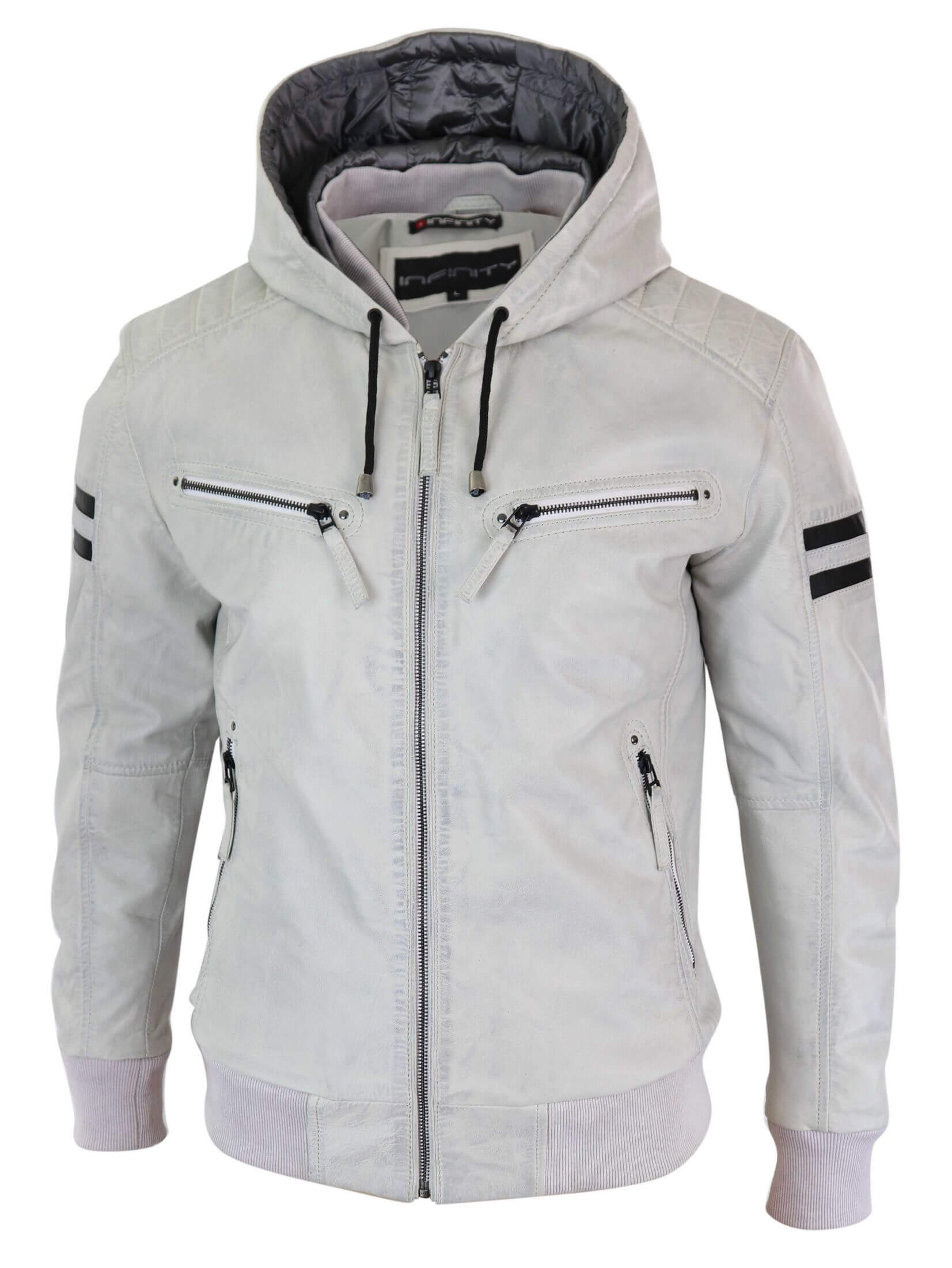Jaqueta bomber masculina de couro legítimo com capuz - Branca