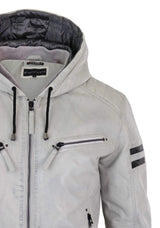 Jaqueta bomber masculina de couro legítimo com capuz - Branca