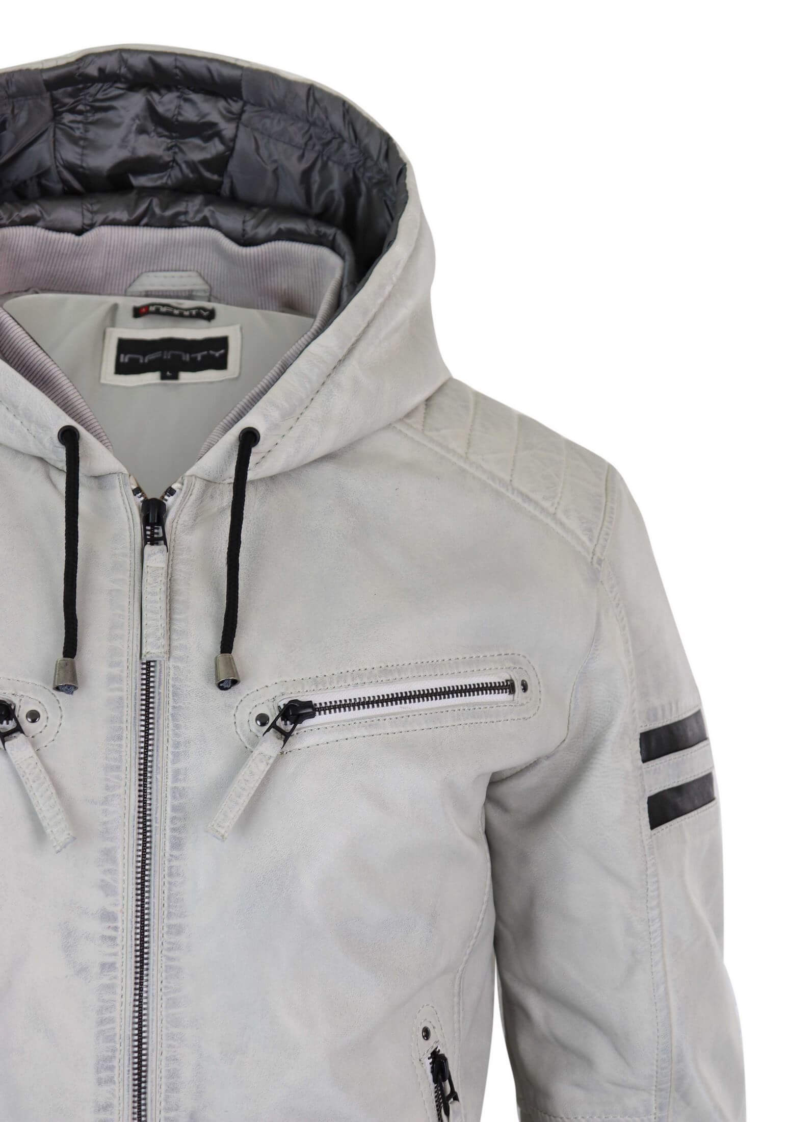 Jaqueta bomber masculina de couro legítimo com capuz - Branca