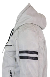 Jaqueta bomber masculina de couro legítimo com capuz - Branca