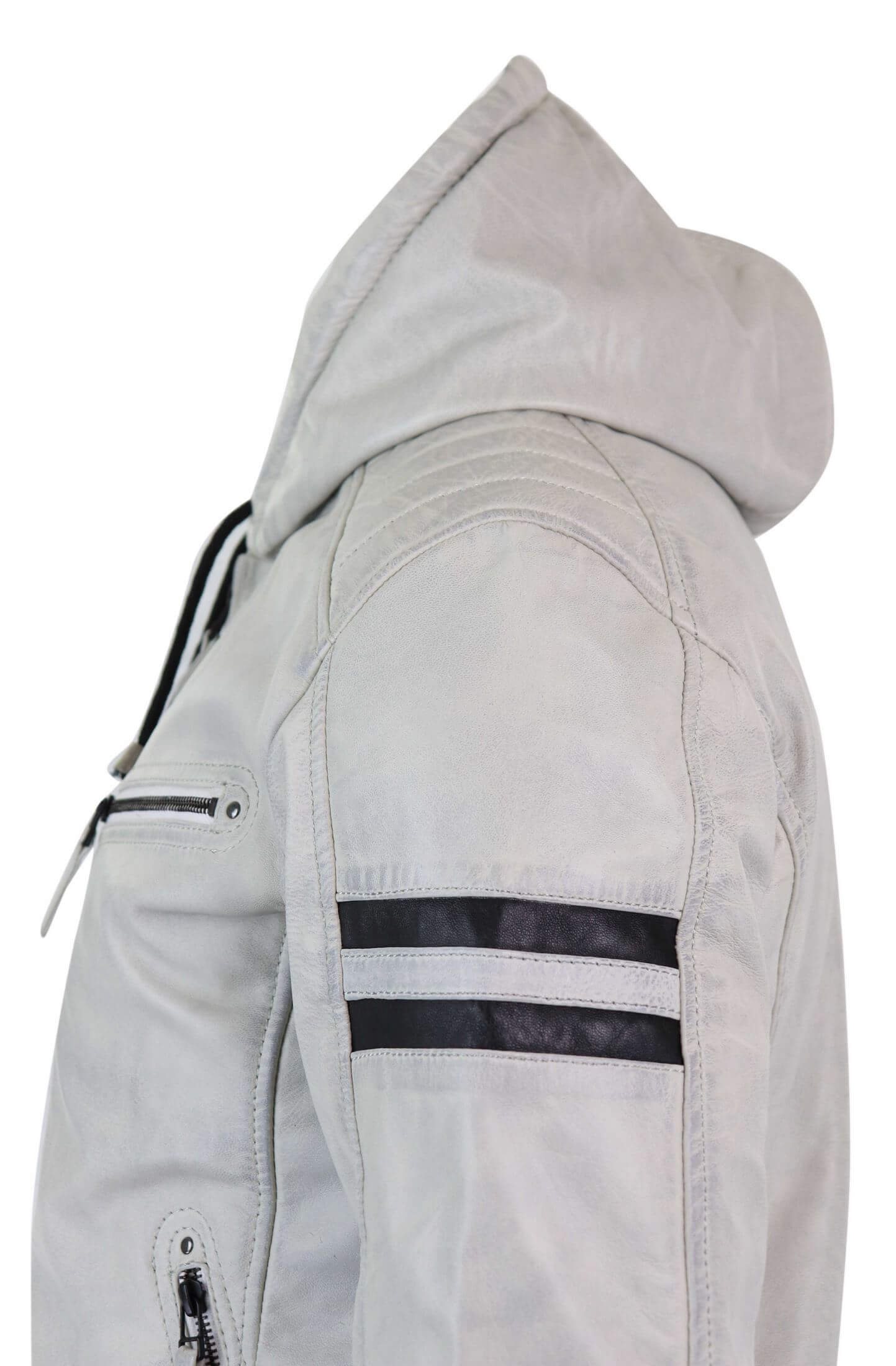 Jaqueta bomber masculina de couro legítimo com capuz - Branca