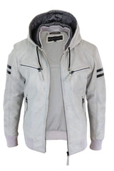 Jaqueta bomber masculina de couro legítimo com capuz - Branca