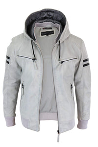 Jaqueta bomber masculina de couro legítimo com capuz - Branca