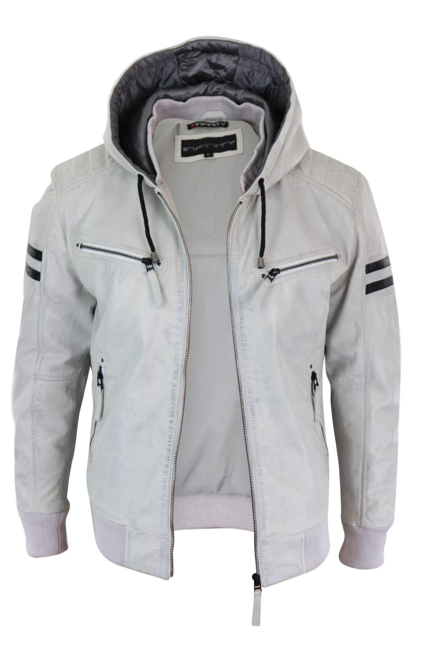 Jaqueta bomber masculina de couro legítimo com capuz - Branca