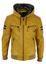 Jaqueta Bomber Masculina de Couro Legítimo com Capuz - Amarela