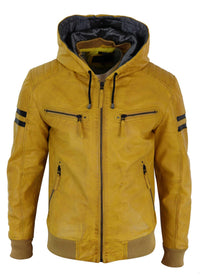 Jaqueta Bomber Masculina de Couro Legítimo com Capuz - Amarela