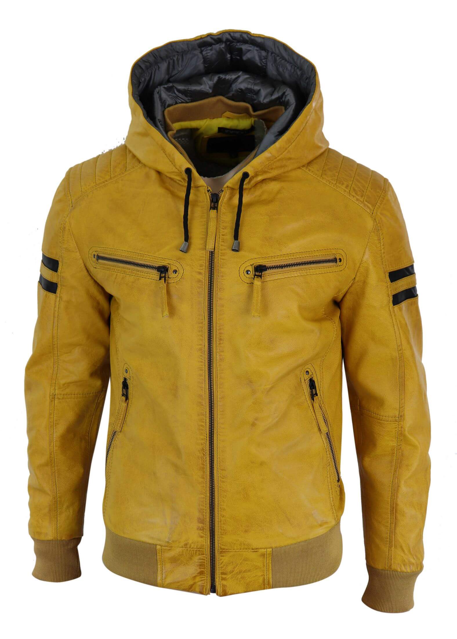 Jaqueta Bomber Masculina de Couro Legítimo com Capuz - Amarela