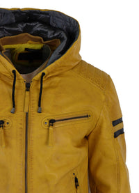 Jaqueta Bomber Masculina de Couro Legítimo com Capuz - Amarela