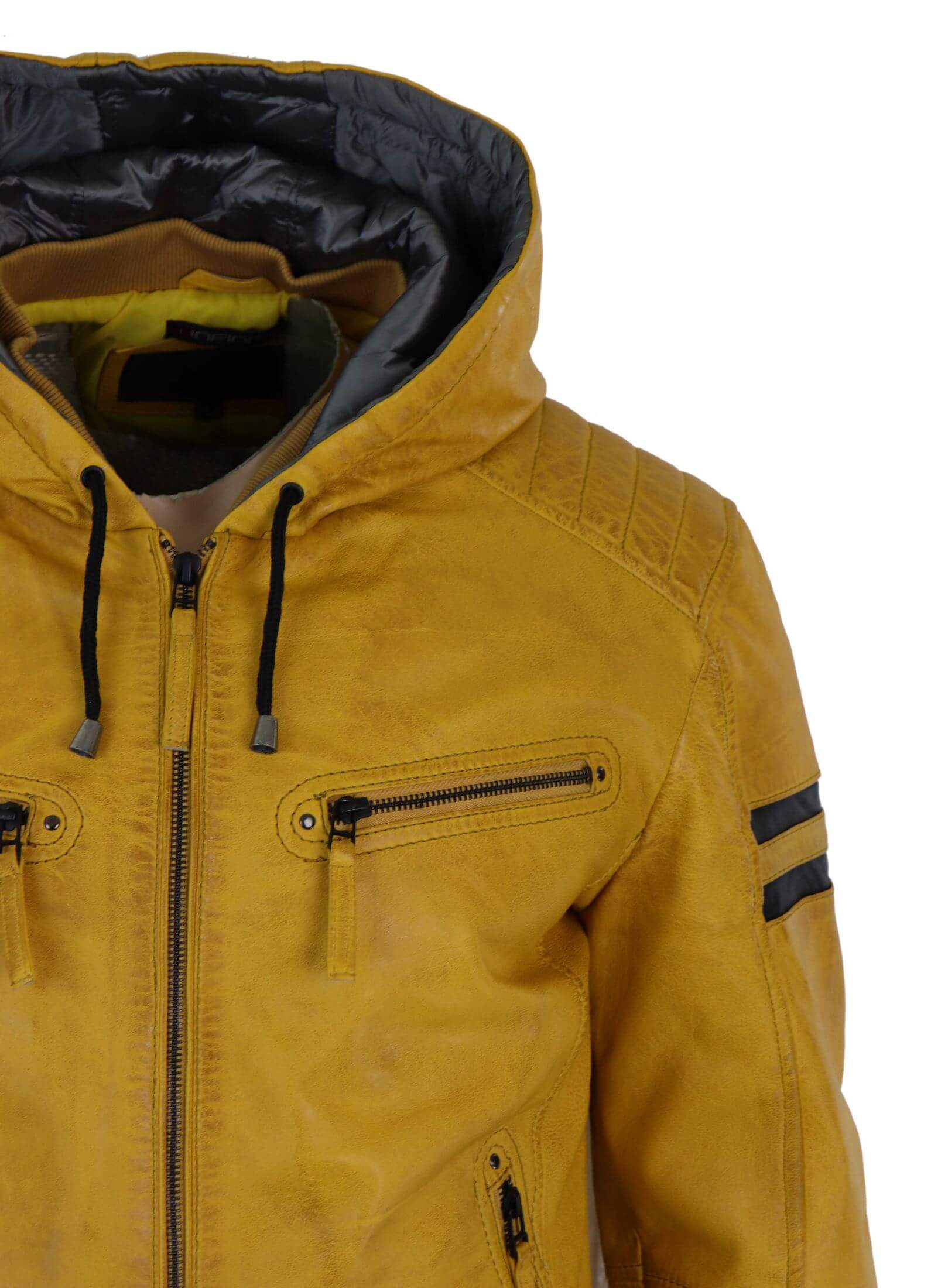 Jaqueta Bomber Masculina de Couro Legítimo com Capuz - Amarela