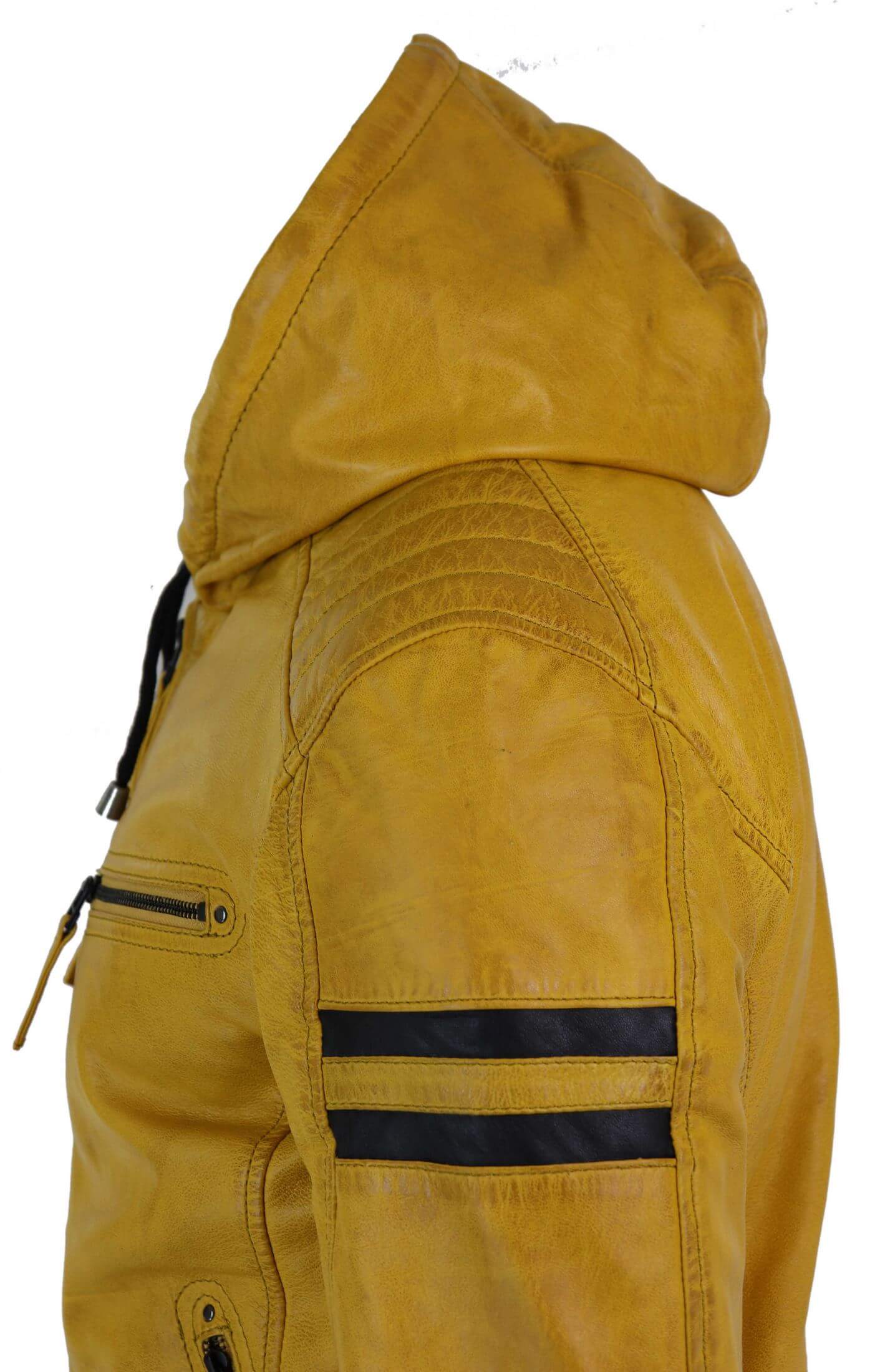 Jaqueta Bomber Masculina de Couro Legítimo com Capuz - Amarela
