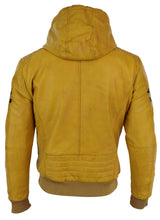 Jaqueta Bomber Masculina de Couro Legítimo com Capuz - Amarela
