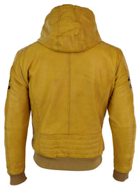 Jaqueta Bomber Masculina de Couro Legítimo com Capuz - Amarela