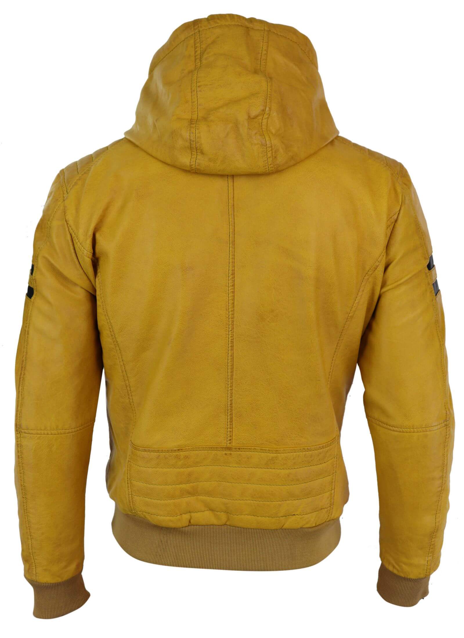Jaqueta Bomber Masculina de Couro Legítimo com Capuz - Amarela