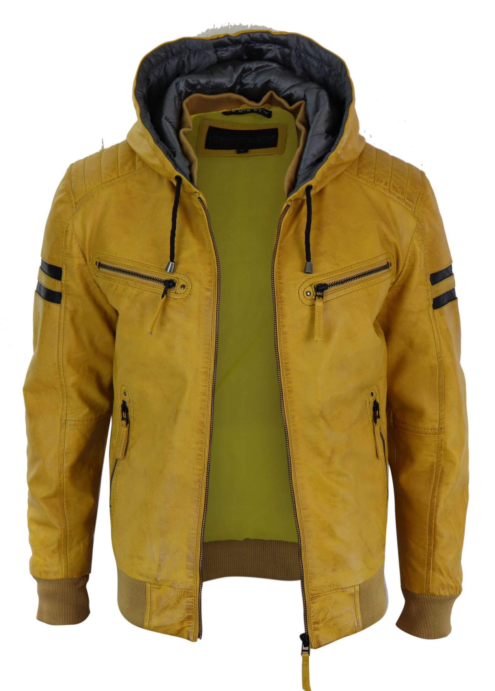 Jaqueta Bomber Masculina de Couro Legítimo com Capuz - Amarela