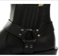 Botas de cano curto unissex em couro legítimo para motociclista, estilo rock punk, com fivela, para montaria cowboy.