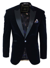Cavani Rosa - Blazer de Jantar Masculino em Veludo Macio Preto e Azul Marinho com 1 Botão, Corte Elegante e Casual - Azul Marinho