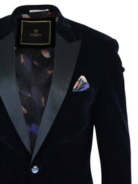 Cavani Rosa - Blazer de Jantar Masculino em Veludo Macio Preto e Azul Marinho com 1 Botão, Corte Elegante e Casual - Azul Marinho