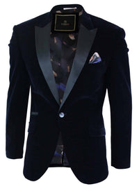 Cavani Rosa - Blazer de Jantar Masculino em Veludo Macio Preto e Azul Marinho com 1 Botão, Corte Elegante e Casual - Azul Marinho