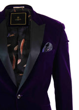 Cavani Rosa - Blazer de Jantar Masculino em Veludo Macio Preto e Azul Marinho com 1 Botão, Corte Elegante e Casual - Roxo