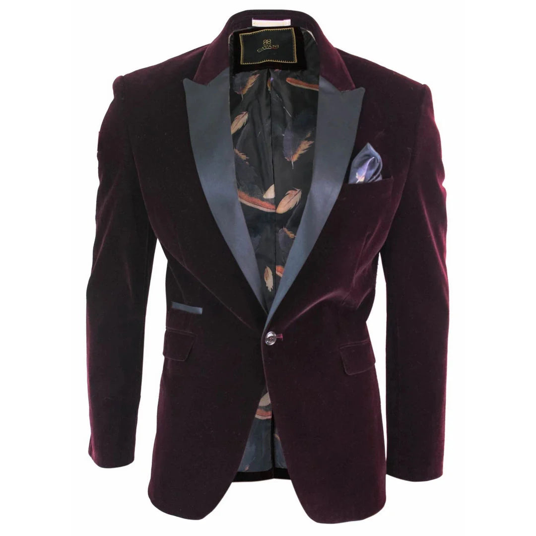 Rosa - Blazer de jantar masculino em veludo macio preto e bordô com 1 botão.