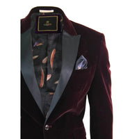 Rosa - Blazer de jantar masculino em veludo macio preto e bordô com 1 botão.