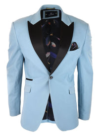 Blazer masculino de veludo, estilo smoking, preto com lapela de cetim, em tons pastel de azul, rosa e verde.