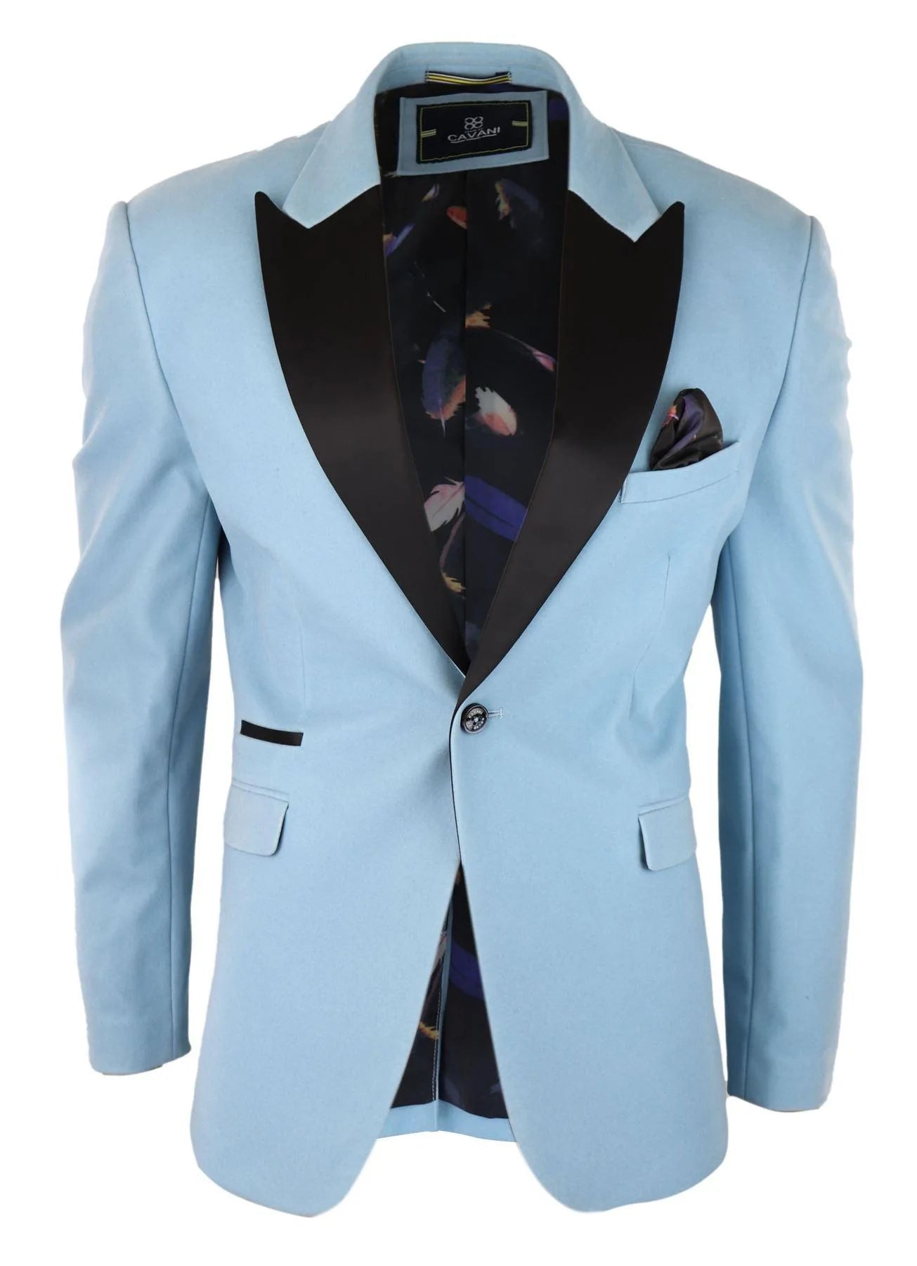 Blazer masculino de veludo, estilo smoking, preto com lapela de cetim, em tons pastel de azul, rosa e verde.