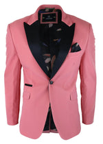 Blazer masculino de veludo, estilo smoking, lapela de cetim preta, rosa pastel.