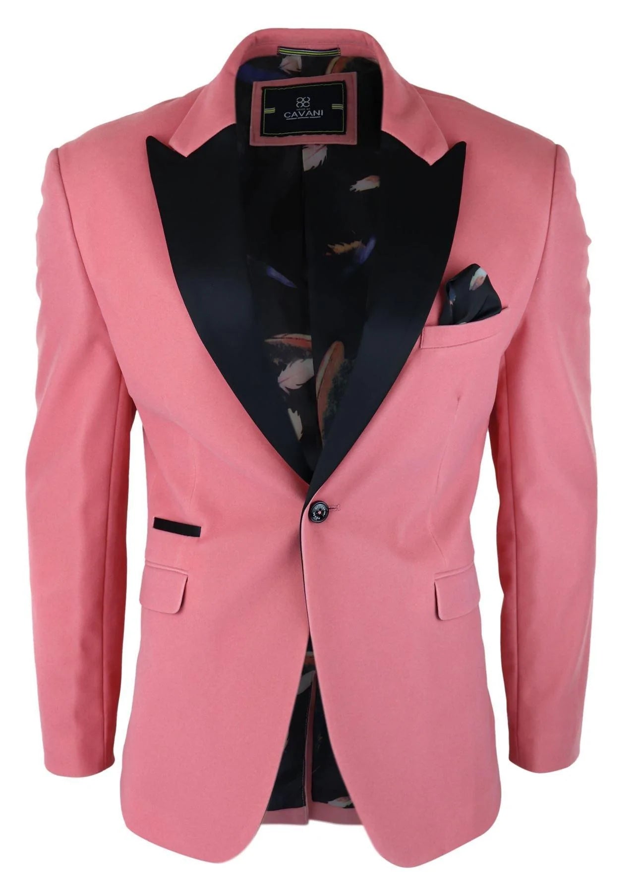 Blazer masculino de veludo, estilo smoking, lapela de cetim preta, rosa pastel.