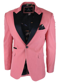 Blazer masculino de veludo, estilo smoking, lapela de cetim preta, rosa pastel.