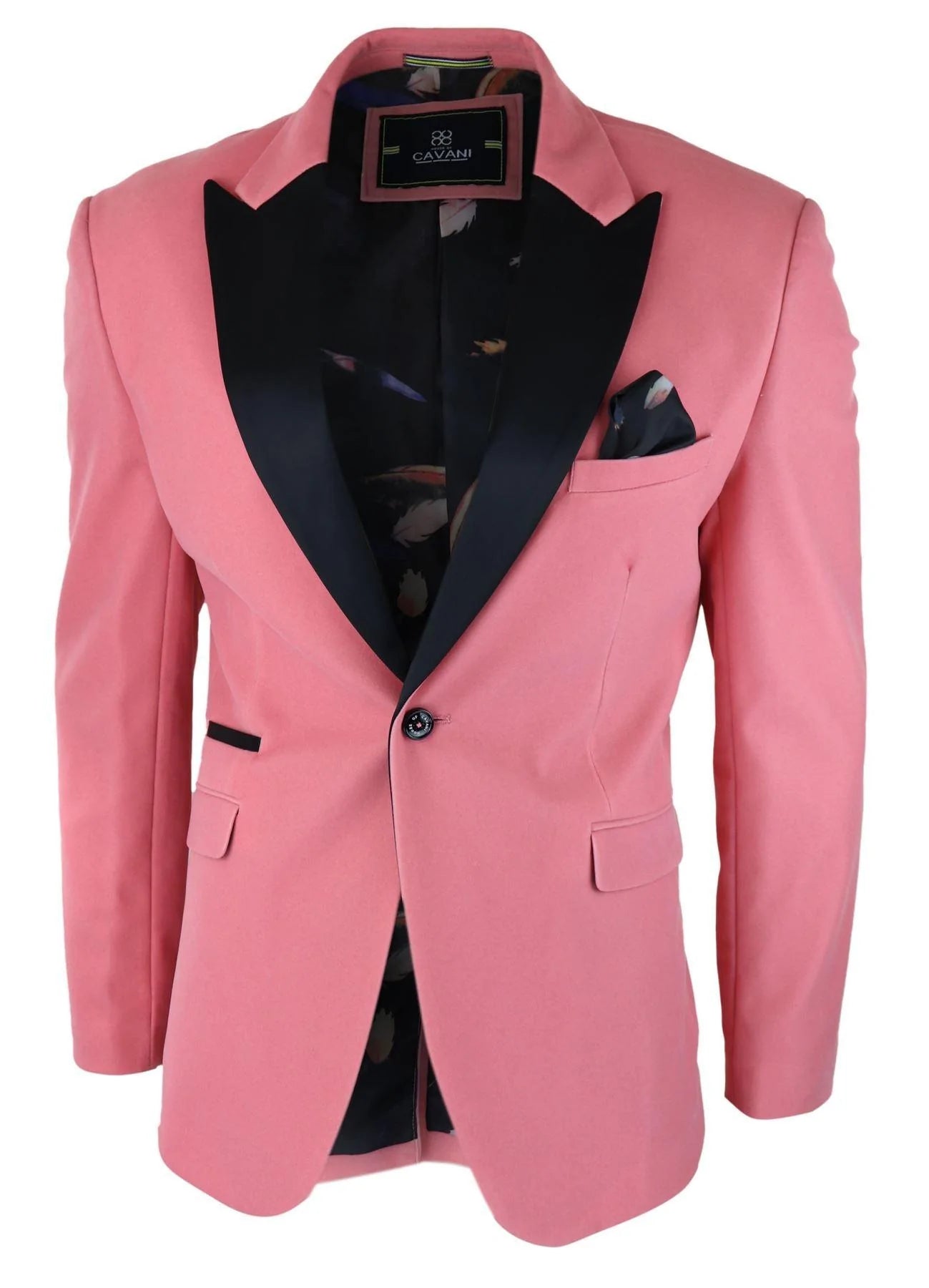 Blazer masculino de veludo, estilo smoking, lapela de cetim preta, rosa pastel.