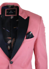 Blazer masculino de veludo, estilo smoking, lapela de cetim preta, rosa pastel.