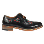Ross - Sapatos Brogue Masculinos em Couro Preto com Estampa Floral de Caveira