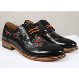 Ross - Sapatos Brogue Masculinos em Couro Preto com Estampa Floral de Caveira