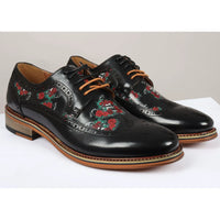 Ross - Sapatos Brogue Masculinos em Couro Preto com Estampa Floral de Caveira