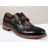 Ross - Sapatos Brogue Masculinos em Couro Preto com Estampa Floral de Caveira