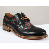 Ross - Sapatos Brogue Masculinos em Couro Preto com Estampa Floral de Caveira