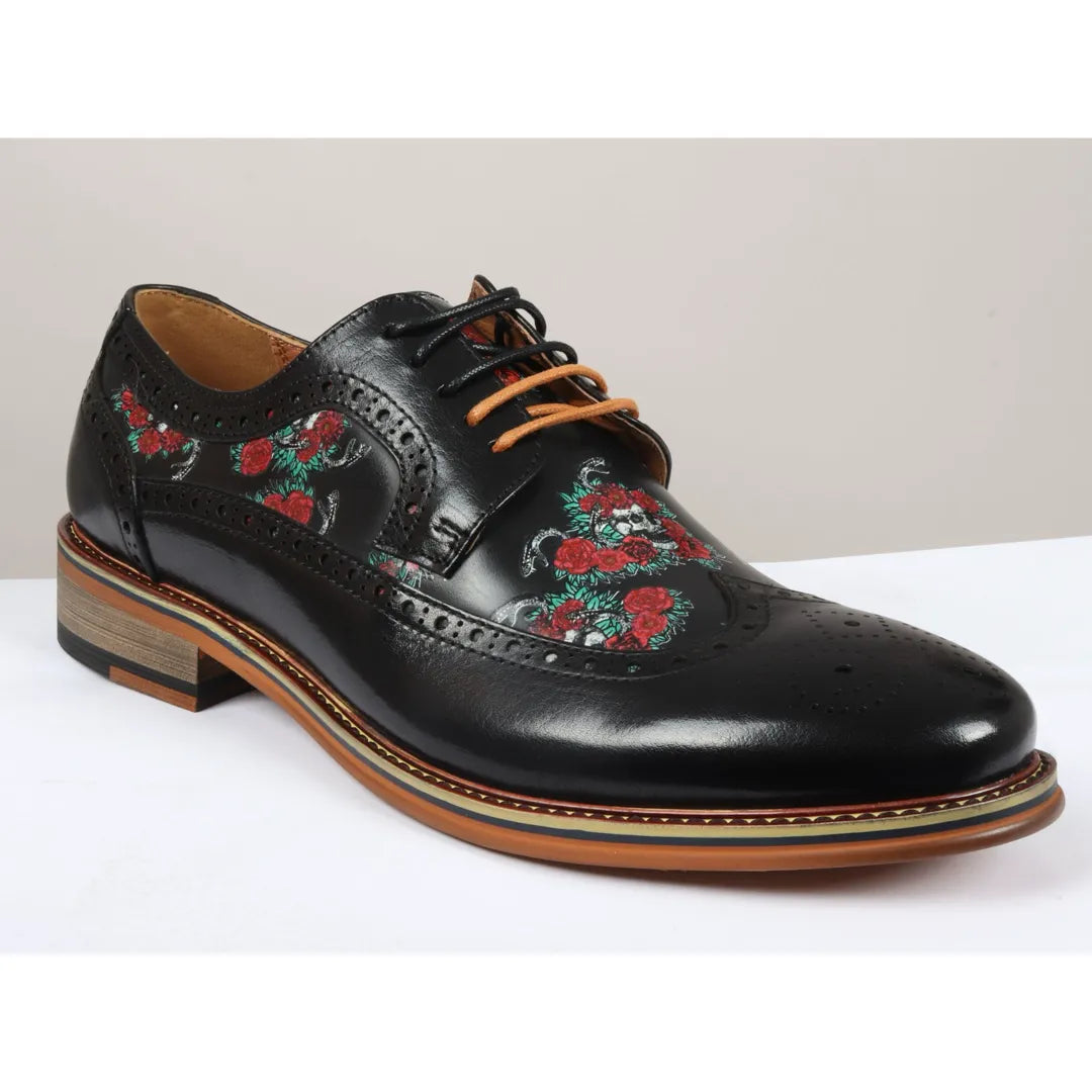 Ross - Sapatos Brogue Masculinos em Couro Preto com Estampa Floral de Caveira
