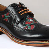 Ross - Sapatos Brogue Masculinos em Couro Preto com Estampa Floral de Caveira