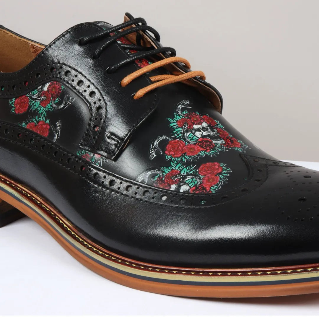 Ross - Sapatos Brogue Masculinos em Couro Preto com Estampa Floral de Caveira